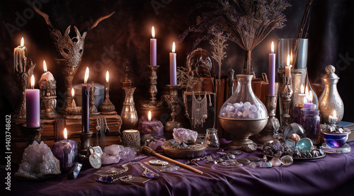 Enchanted Mystic Veil with Candles and Crystals on Dark Background  