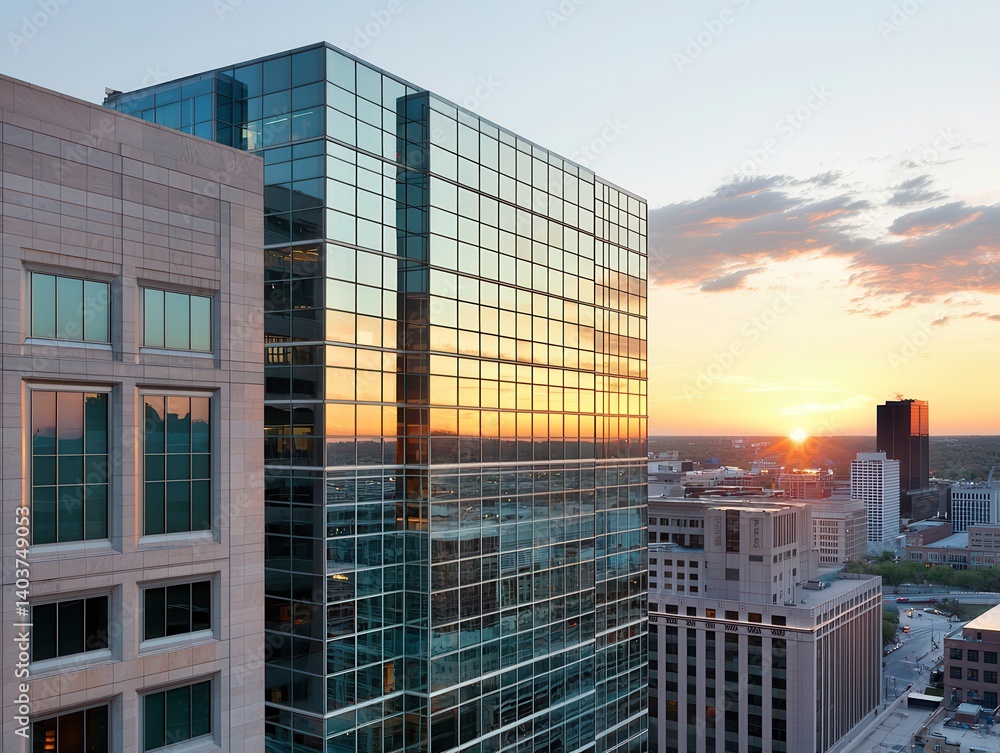 A modern cityscape featuring glass buildings under a vibrant sunset, highlighting urban architecture and reflective surfaces. A modern cityscape featuring glass buildings under a vibrant sunset, highlighting urban architecture and reflective surfaces.