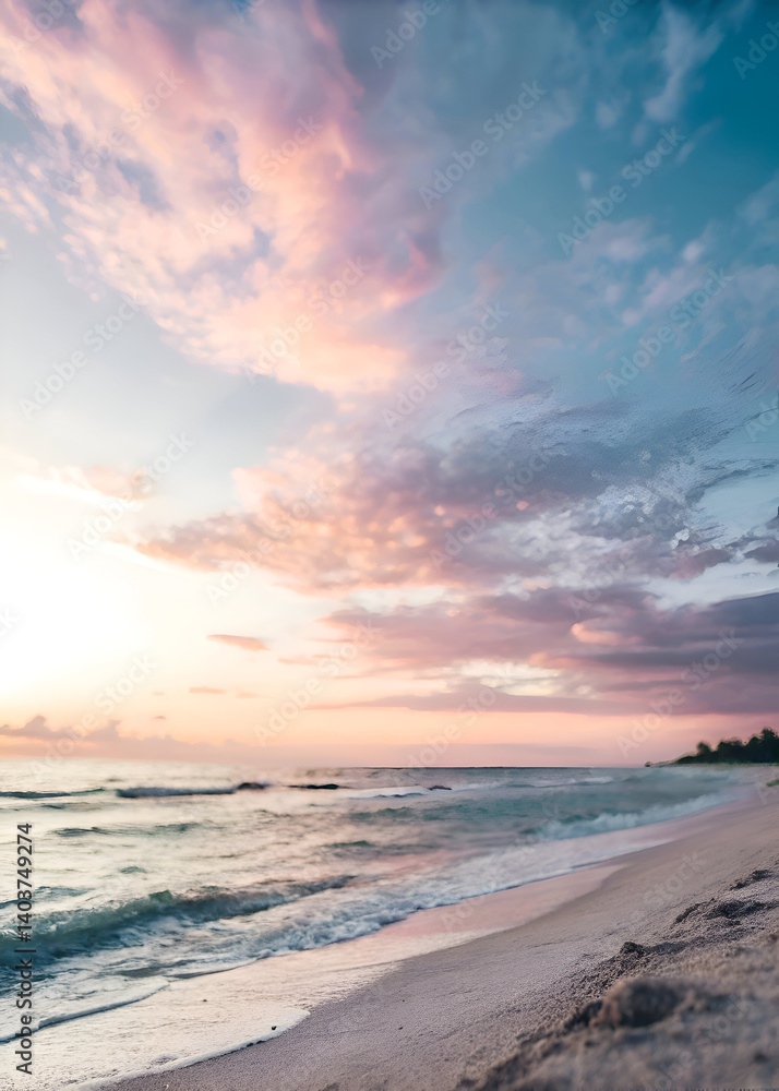Fototapeta premium Serene Coastal Scene Sandy Shore Gentle Waves and Pastel Sky.