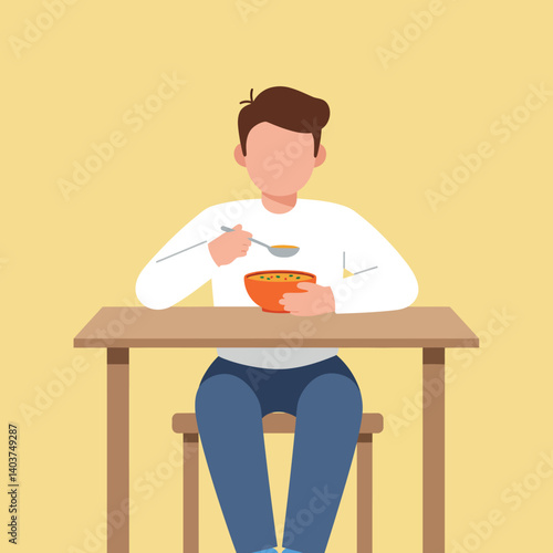 Person enjoying a meal at a table in flat minimal vector art