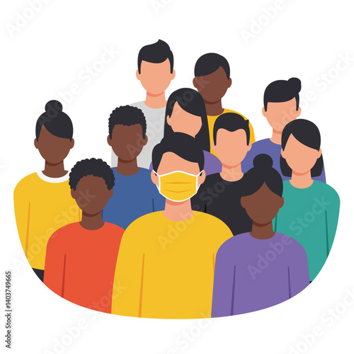 Group of diverse individuals wearing masks in flat design vector art