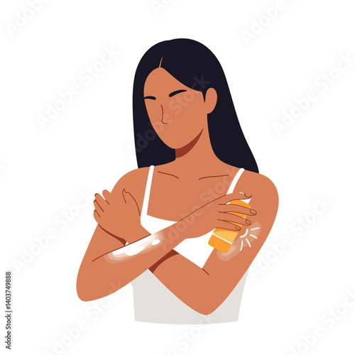 Woman applying lotion to her arm in flat design vector art