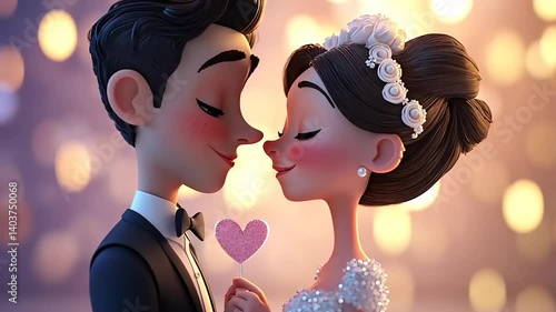 Animated couple in wedding attire sharing a romantic moment with a heart-shaped prop in a festive setting