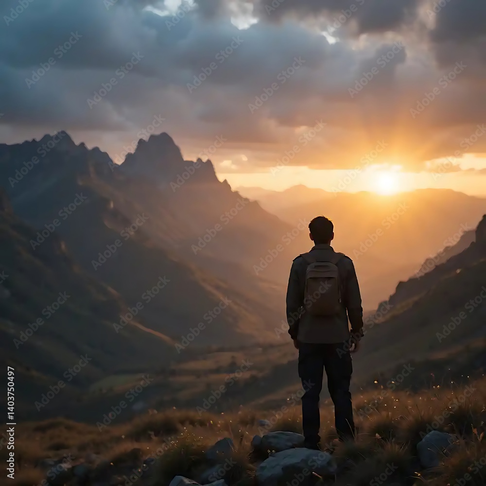 Man with Backpack Enjoys Sunset View on Mountain Top Adventure Man with Backpack Enjoys Sunset View on Mountain Top Adventure
