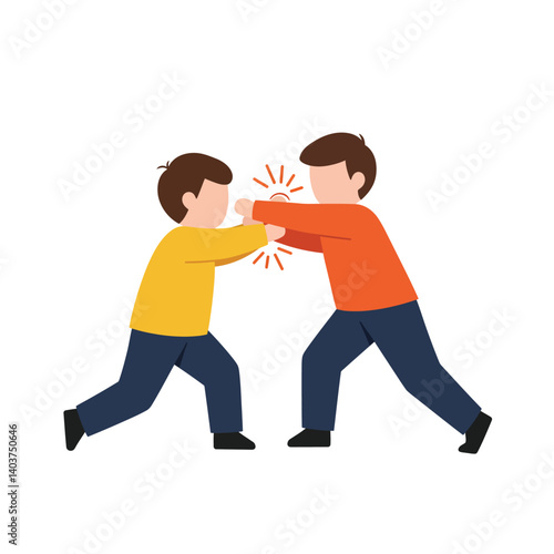 Two children playfully pushing against each other in flat vector art illustration