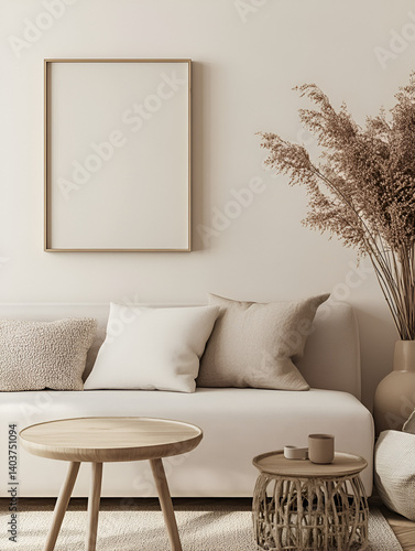 modern interior design mockup background with a blank poster frame, sofa and coffee table in light beige tones, minimalist style, natural lighting, high resolution photography