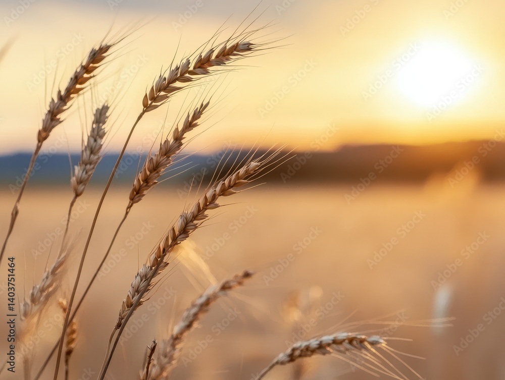 Fototapeta premium The image depicts golden wheat stalks swaying gently in a field under a warm sunset, creating a serene agricultural landscape.