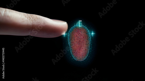 Close Up Of Finger Touching Illuminated Digital Fingerprint On Dark Background For Security And Identification