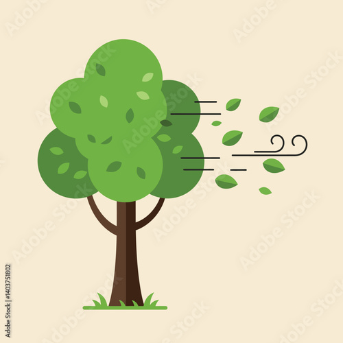 Green tree blowing in the wind with detailed flat design vector art