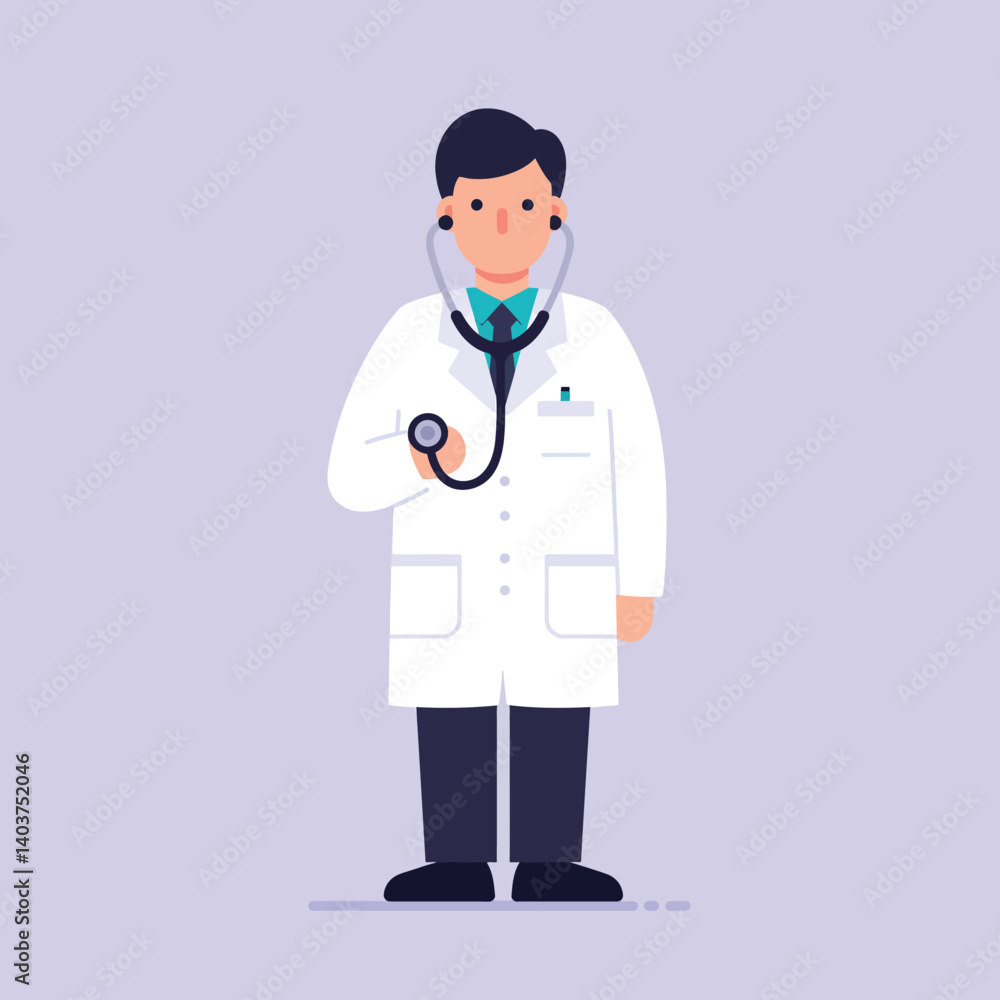 Doctor character in white coat holding stethoscope in flat vector art Doctor character in white coat holding stethoscope in flat vector art