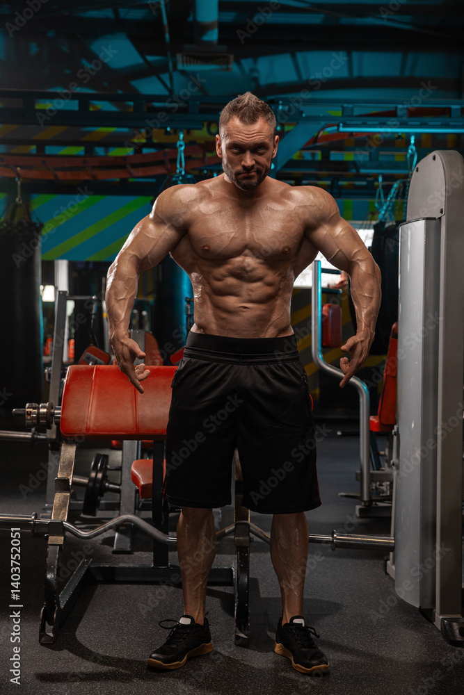 Muscular man stands confidently in gym highlighting his well defined physique. He engages in fitness routine surrounded workout equipment emphasizing strength and dedication. Muscular man stands confidently in gym highlighting his well defined physique. He engages in fitness routine surrounded workout equipment emphasizing strength and dedication.