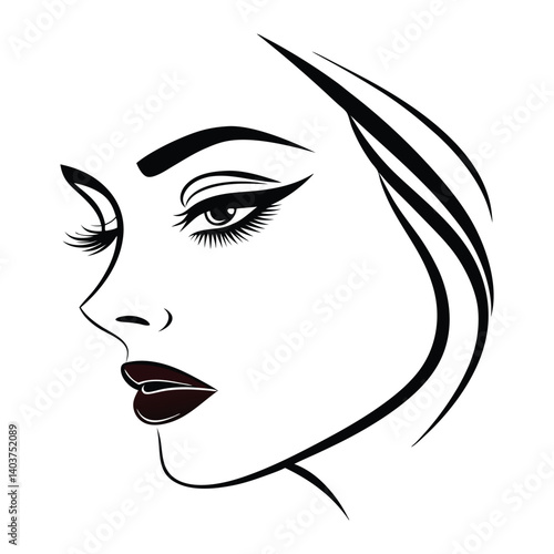 Minimalist female face illustration with elegant makeup eyeliner eyelashes red lips and smooth hair lines in beauty salon logo concept