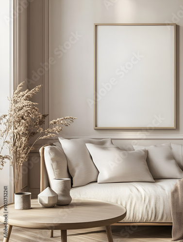 modern interior design mockup background with a blank poster frame, sofa and coffee table in light beige tones, minimalist style, natural lighting, high resolution photography