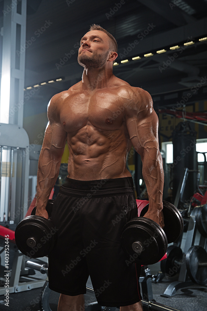 athletic man exercises in gym lifting heavy dumbbells while focusing on strength and endurance. environment is filled workout equipment and weights showcasing dedication fitness. athletic man exercises in gym lifting heavy dumbbells while focusing on strength and endurance. environment is filled workout equipment and weights showcasing dedication fitness.