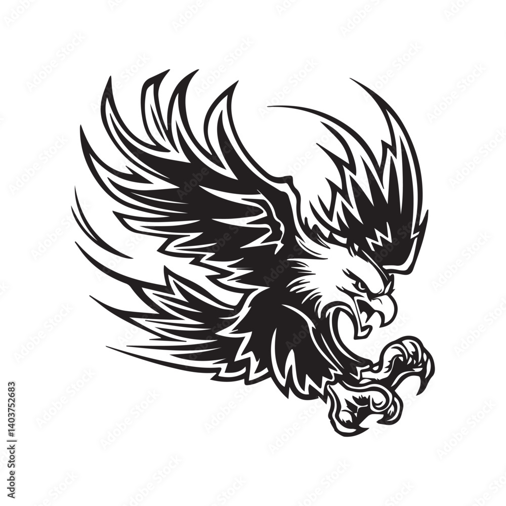 Obraz premium Majestic eagle soaring gracefully against a white backdrop with detailed wing and claw illustrations in silhouette Design
