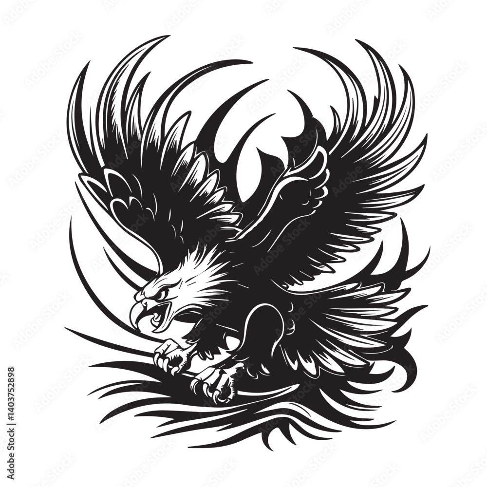 Obraz premium Majestic eagle soaring gracefully against a white backdrop with detailed wing and claw illustrations in silhouette Design