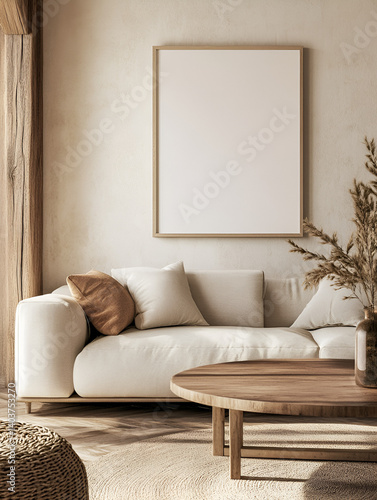 modern interior design mockup background with a blank poster frame, sofa and coffee table in light beige tones, minimalist style, natural lighting, high resolution photography