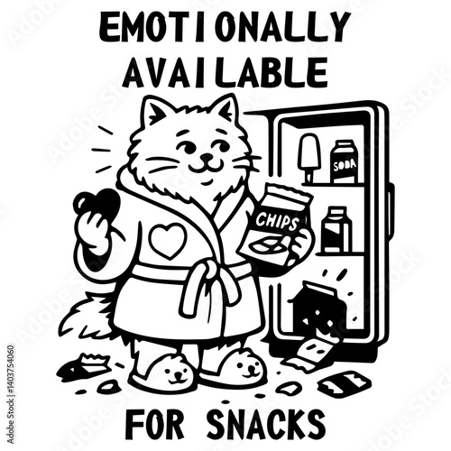 Cute cat in robe with chips and slippers in front of fridge. Funny emotional eating cartoon. Great design for snacks, comfort, and self-care lovers.