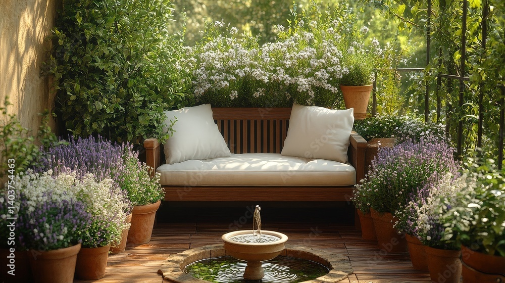 Fototapeta premium Cozy Garden Retreat on Balcony with Lush Plants
