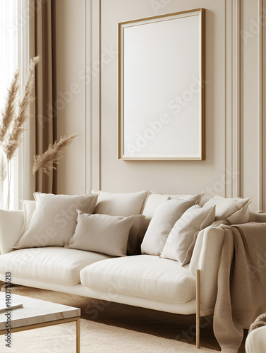 modern interior design mockup background with a blank poster frame, sofa and coffee table in light beige tones, minimalist style, natural lighting, high resolution photography