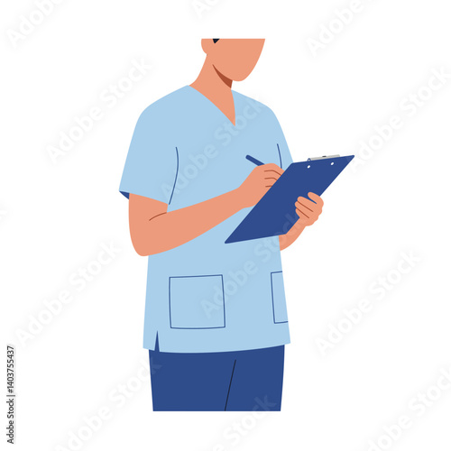 Healthcare professional wearing scrubs with clipboard in flat vector art style