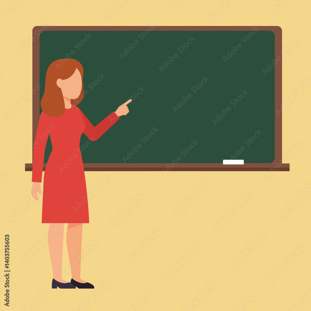 Teacher in Red Dress Pointing at Blackboard in Flat Minimal Vector Art Teacher in Red Dress Pointing at Blackboard in Flat Minimal Vector Art