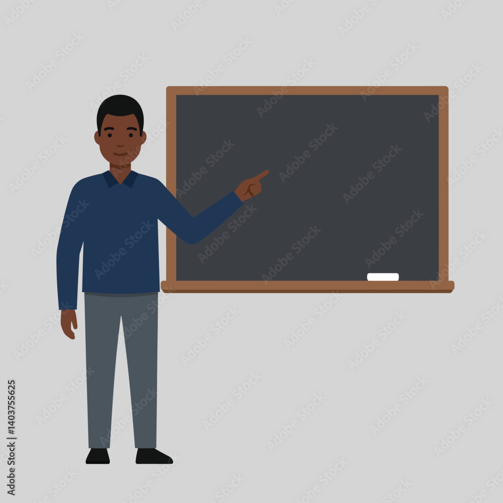 Teacher pointing at chalkboard in flat design vector illustration Teacher pointing at chalkboard in flat design vector illustration