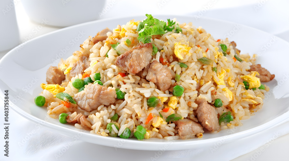 Delicious Simple Pork Fried Rice Served on a White Plate with Fresh Vegetables and Herbs for a Tasty Meal Delicious Simple Pork Fried Rice Served on a White Plate with Fresh Vegetables and Herbs for a Tasty Meal