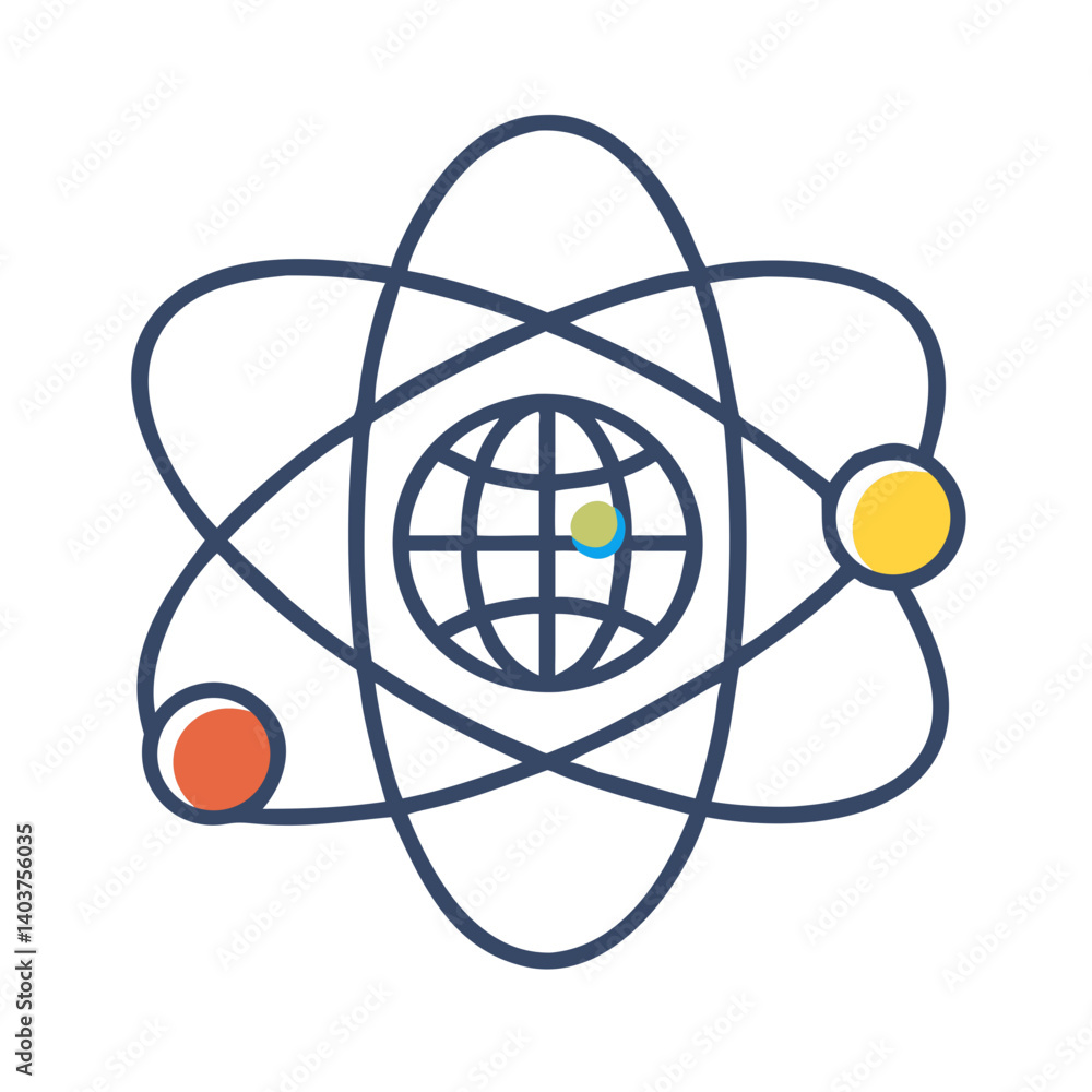 Atom and Globe Icon Representing Physics or Global Science Atom and Globe Icon Representing Physics or Global Science