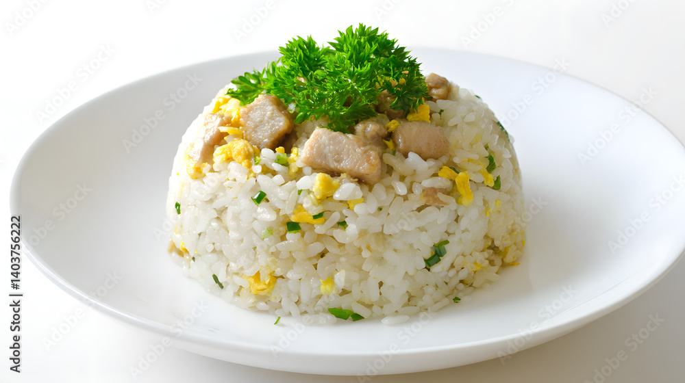Simple White Plate of Fried Rice with Tender Pork and Fresh Parsley Garnish on a Light Background Simple White Plate of Fried Rice with Tender Pork and Fresh Parsley Garnish on a Light Background