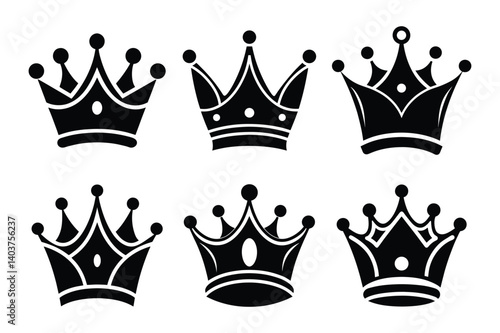 Set of six royal crown icons, elegant and simple design with symmetrical shapes and bold detailing