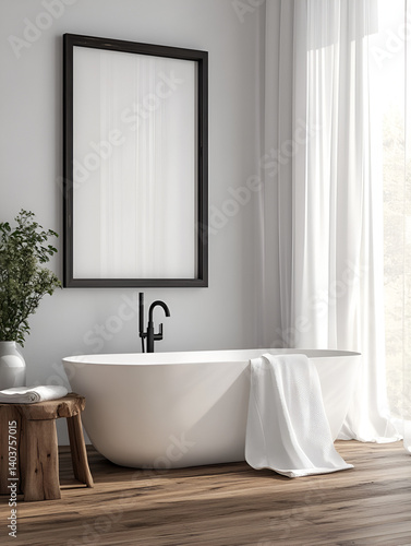 Modern minimalist bathroom with bathtub and framed art