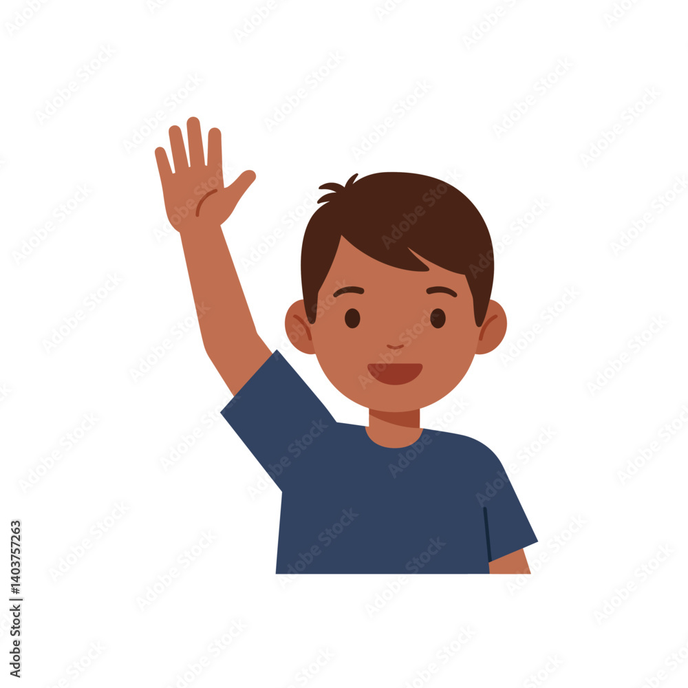 Happy boy waving hand with cheerful expression in flat vector art Happy boy waving hand with cheerful expression in flat vector art