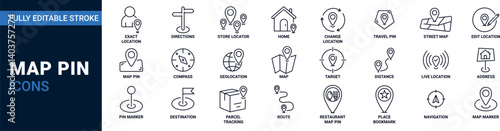 Map pin line icon set. Contains location, address, directions, place and route.