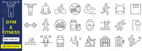 gym and fitness icon set, fitness gym icon, vector, editable stroke
