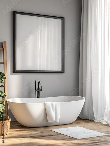 Modern minimalist bathroom with bathtub and framed art