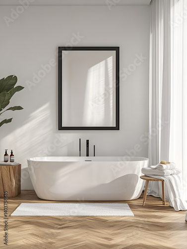 Modern minimalist bathroom with bathtub and framed art