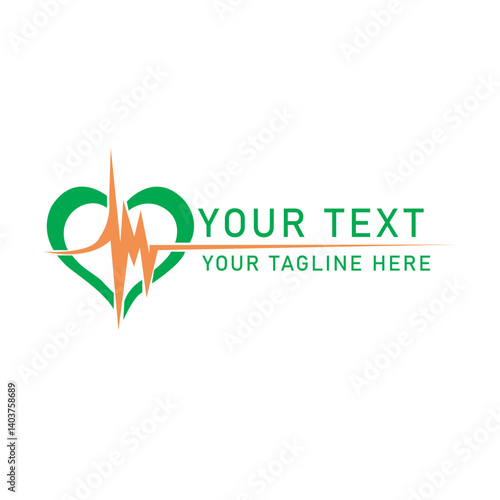 Heartbeat Medical Vector Logo: Green Heart with Orange EKG Line for Cardiology, Healthcare, Pulse, Rhythm, Life, Clinic, Hospital, Medicine