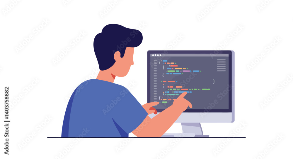 Person coding on computer screen in flat design style vector art Person coding on computer screen in flat design style vector art