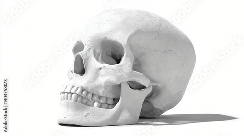 Human Skull Anatomical Study: A detailed, high-contrast image showcasing the intricate architecture of a human skull in stark contrast, perfect for anatomical studies and medical education.
