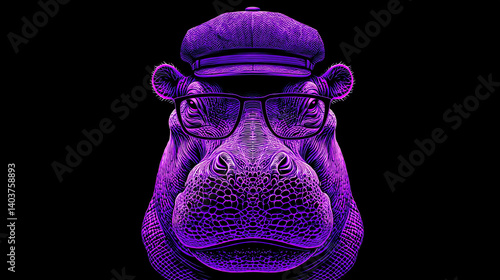 Purple Hipster Hippo: A stylized portrait of a hippopotamus wearing a newsboy cap and sunglasses, rendered in vibrant shades of purple against a black background. 