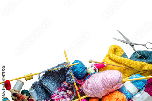 Handmade. Knitting needles, balls of wool and other tools. View from above with lots of tools for crafts. Copyspace
