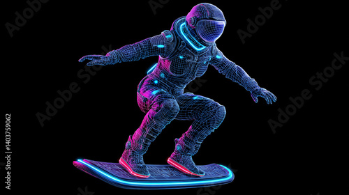 Futuristic Voyager: A dynamic astronaut navigates a sleek hoverboard against a sleek black backdrop, epitomizing the spirit of space exploration and futuristic technology.