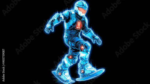 Futuristic Hologram Warrior: An enigmatic futuristic warrior, clad in advanced armor and equipped with glowing neon-blue energy boots, steps confidently on a dark background.