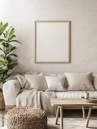 modern interior design mockup background with a blank poster frame, sofa and coffee table in light beige tones, minimalist style, natural lighting, high resolution photography