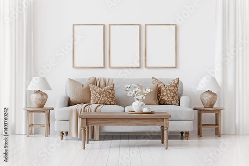 Fototapeta Naklejka Na Ścianę i Meble -  Nice traditional interior with three empty vertical frames on the wall above cozy sofa. Decorated white living room with curtains. 3d rendering.