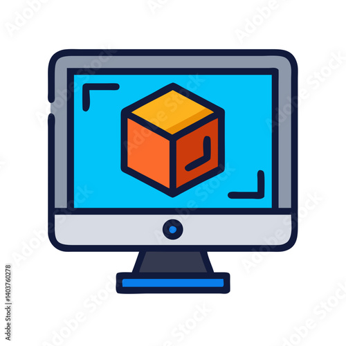 Computer with 3D Model Icon Representing Digital Design or 3D Rendering