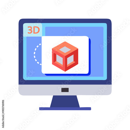 Computer with 3D Model Icon Representing Digital Design or 3D Rendering