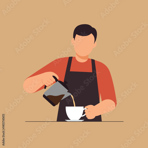 Barista pouring coffee into a cup in flat vector illustration