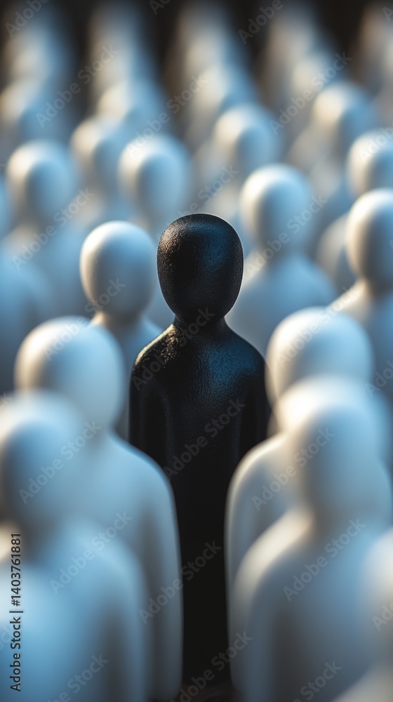 Obraz premium Black figurine standing out in a large group of white figurines, representing diversity, leadership, and standing out from the majority